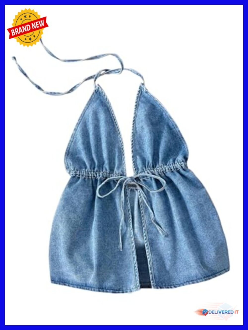 Women's Denim Halter Top Sleeveless Crop Tank Top Self Tie Peplum
